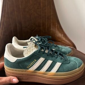 Adidas Gazelles green suede with platform sole